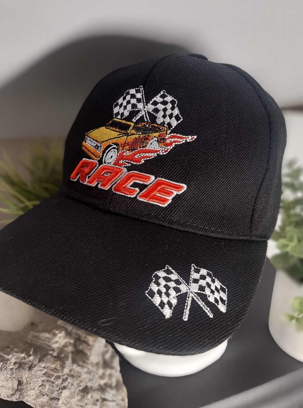 HotWheels Racing Embroidered Yellow Car Black Snapback Ball Cap Hat